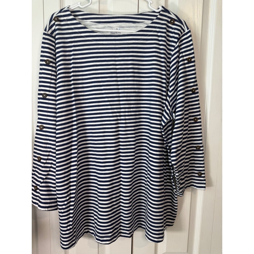Croft & Barrow Womens XL Navy White Stripe 3/4 Sleeve Boatneck Top Button Detail